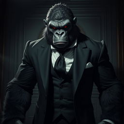 A powerful gorilla demon, with menacing yet intriguing features, donning a tailored black suit