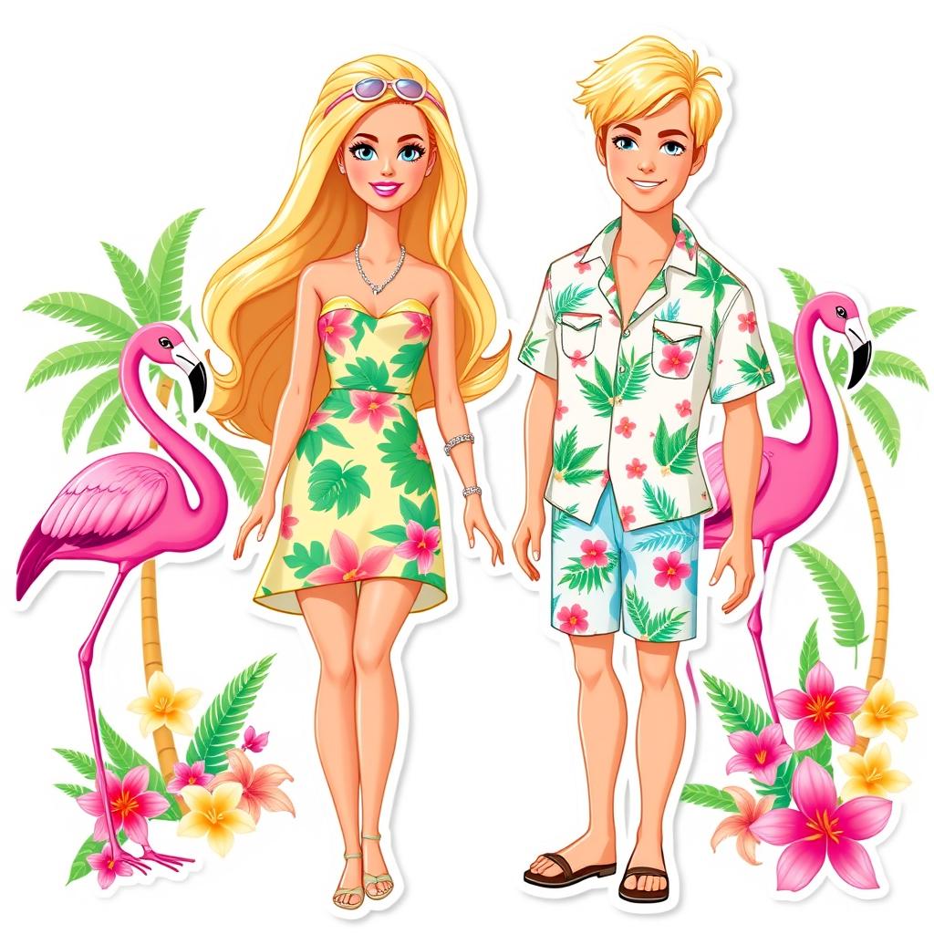 Barbie and Ken from the 2023 movie, styled as full-body, thin illustration stickers and cake toppers with a summer tropical theme