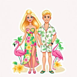 Barbie and Ken from the 2023 movie, styled as full-body, thin illustration stickers and cake toppers with a summer tropical theme