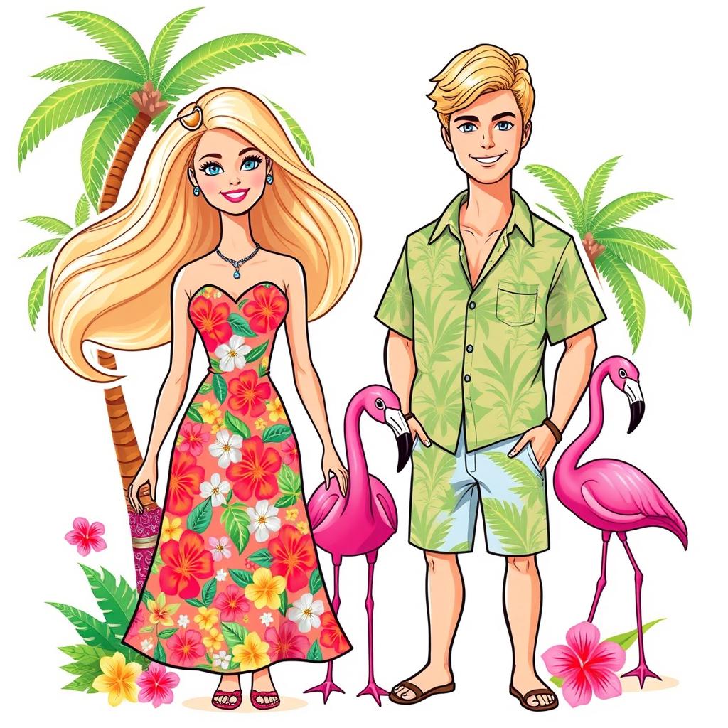 Barbie and Ken from the 2023 movie, styled as full-body, thin illustration stickers and cake toppers with a summer tropical theme