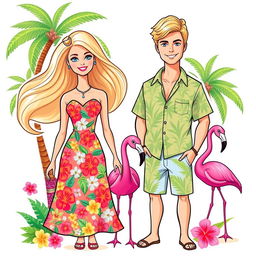 Barbie and Ken from the 2023 movie, styled as full-body, thin illustration stickers and cake toppers with a summer tropical theme