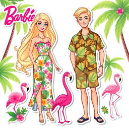 Barbie and Ken from the 2023 movie, styled as full-body, thin illustration stickers and cake toppers with a summer tropical theme