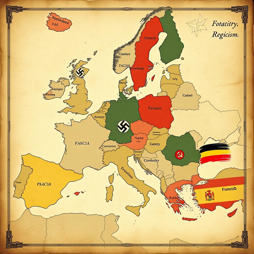 A map of Europe depicting various forms of totalitarian regimes in different countries during the 20th century