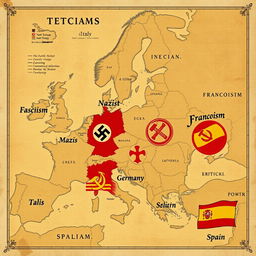 A map of Europe depicting various forms of totalitarian regimes in different countries during the 20th century