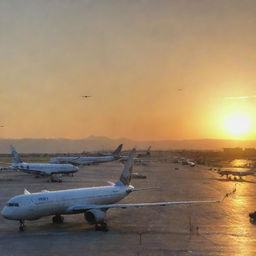 A bustling Argentina airport with planes taking off, passengers waiting, and the sun setting over the runway.