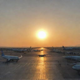 A bustling Argentina airport with planes taking off, passengers waiting, and the sun setting over the runway.