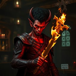 A red-skinned tiefling with devilish features stands in a dimly lit medieval tavern