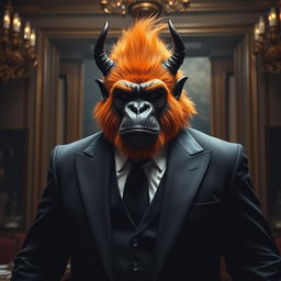 A formidable gorilla demon with vibrant orange hair, wearing a formal black suit