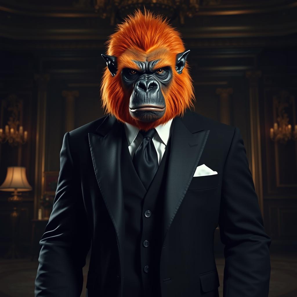A formidable gorilla demon with vibrant orange hair, wearing a formal black suit