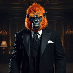 A formidable gorilla demon with vibrant orange hair, wearing a formal black suit