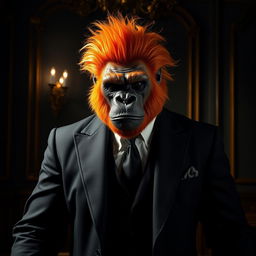 A formidable gorilla demon with vibrant orange hair, wearing a formal black suit