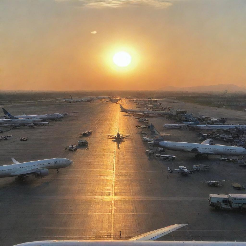 A bustling Argentina airport with planes taking off, passengers waiting, and the sun setting over the runway.