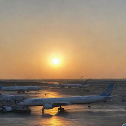 A bustling Argentina airport with planes taking off, passengers waiting, and the sun setting over the runway.