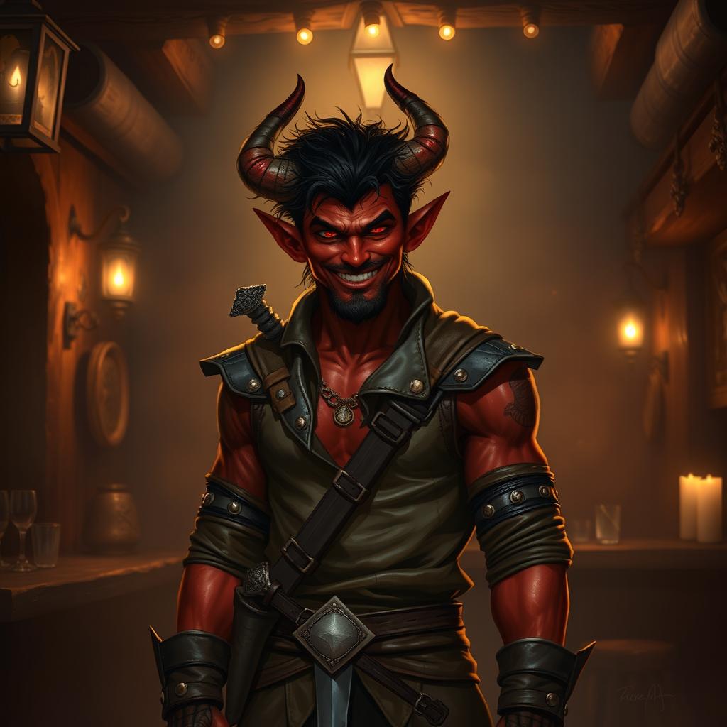 A red-skinned tiefling with one broken horn stands in a dimly lit medieval tavern