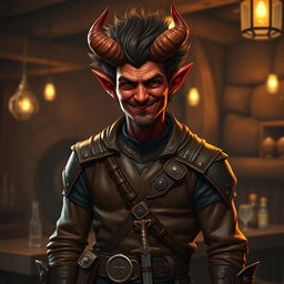 A red-skinned tiefling with one broken horn stands in a dimly lit medieval tavern