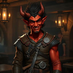 A red-skinned tiefling with one broken horn stands in a dimly lit medieval tavern