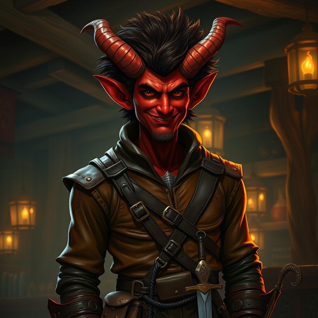 A red-skinned tiefling with one broken horn stands in a dimly lit medieval tavern