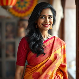 A beautiful Tamil woman aged 45, exuding elegance and charm, dressed in a traditional Indian saree draped in a stylish low hip fashion