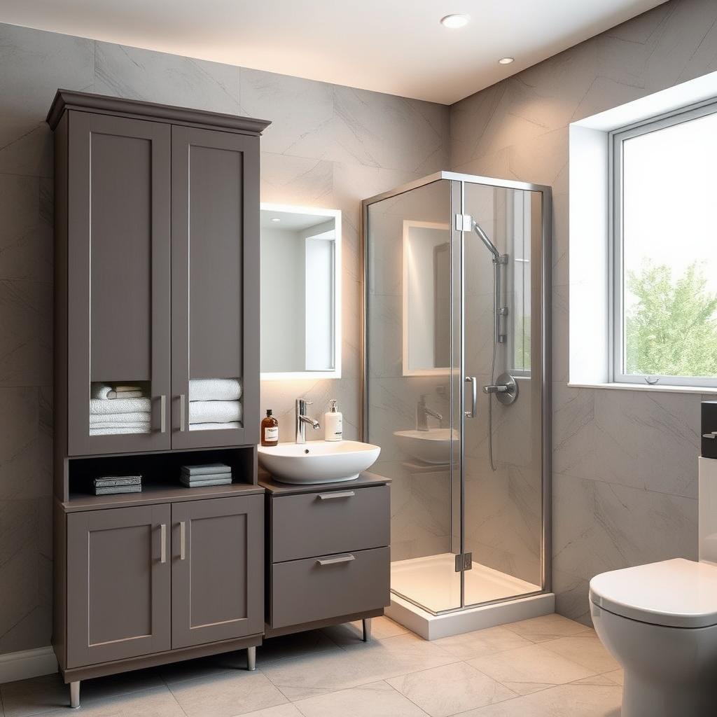 a modern bathroom with added storage furniture and an enclosed shower area, featuring elegant cabinetry for towels and toiletries, a sleek glass shower enclosure, warm lighting, stylish tiles, and chrome fittings, creating a sophisticated and organized space