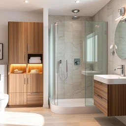 a modern bathroom with added storage furniture and an enclosed shower area, featuring elegant cabinetry for towels and toiletries, a sleek glass shower enclosure, warm lighting, stylish tiles, and chrome fittings, creating a sophisticated and organized space