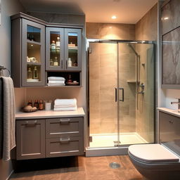 a modern bathroom with added storage furniture and an enclosed shower area, featuring elegant cabinetry for towels and toiletries, a sleek glass shower enclosure, warm lighting, stylish tiles, and chrome fittings, creating a sophisticated and organized space