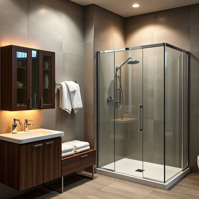 a modern bathroom with added storage furniture and an enclosed shower area, featuring elegant cabinetry for towels and toiletries, a sleek glass shower enclosure, warm lighting, stylish tiles, and chrome fittings, creating a sophisticated and organized space