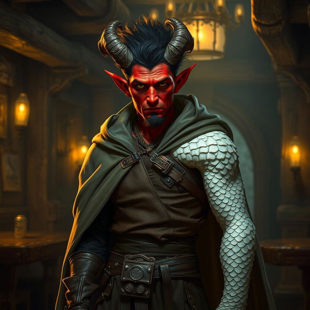 A red-skinned tiefling with one broken horn stands in a dimly lit medieval tavern, exuding an air of mystery