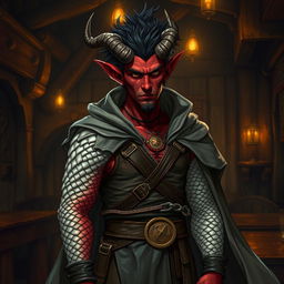 A red-skinned tiefling with one broken horn stands in a dimly lit medieval tavern, exuding an air of mystery