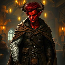 A red-skinned tiefling with one broken horn stands in a dimly lit medieval tavern, exuding an air of mystery