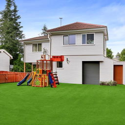 A two-storey family house suitable for a family of four with a well-maintained lawn, a playful swing set, and a spacious garage.