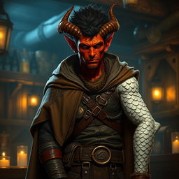 A red-skinned tiefling with one broken horn stands in a dimly lit medieval tavern, exuding an air of mystery