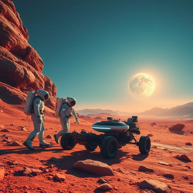 Create a dynamic scene where a group of astronauts are exploring the surface of Mars