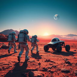 Create a dynamic scene where a group of astronauts are exploring the surface of Mars