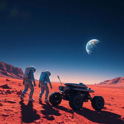 Create a dynamic scene where a group of astronauts are exploring the surface of Mars