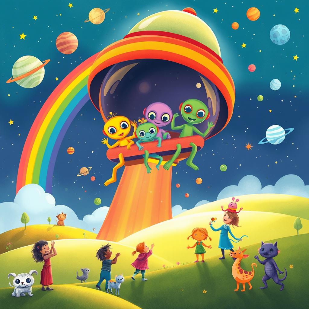 A vibrant children's book illustration depicting a friendly alien invasion from the dark planet