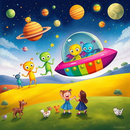 A vibrant children's book illustration depicting a friendly alien invasion from the dark planet