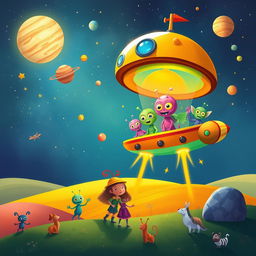 A vibrant children's book illustration depicting a friendly alien invasion from the dark planet