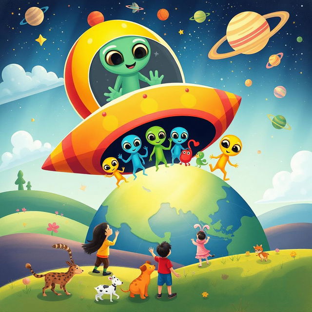 A vibrant children's book illustration depicting a friendly alien invasion from the dark planet