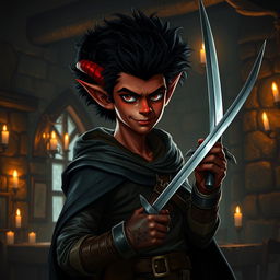 A young-looking red-skinned tiefling with one broken horn stands in a dimly lit medieval tavern