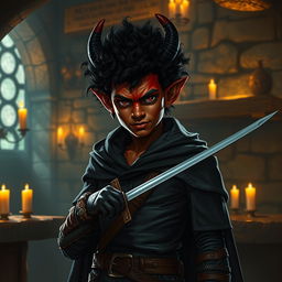 A young-looking red-skinned tiefling with one broken horn stands in a dimly lit medieval tavern