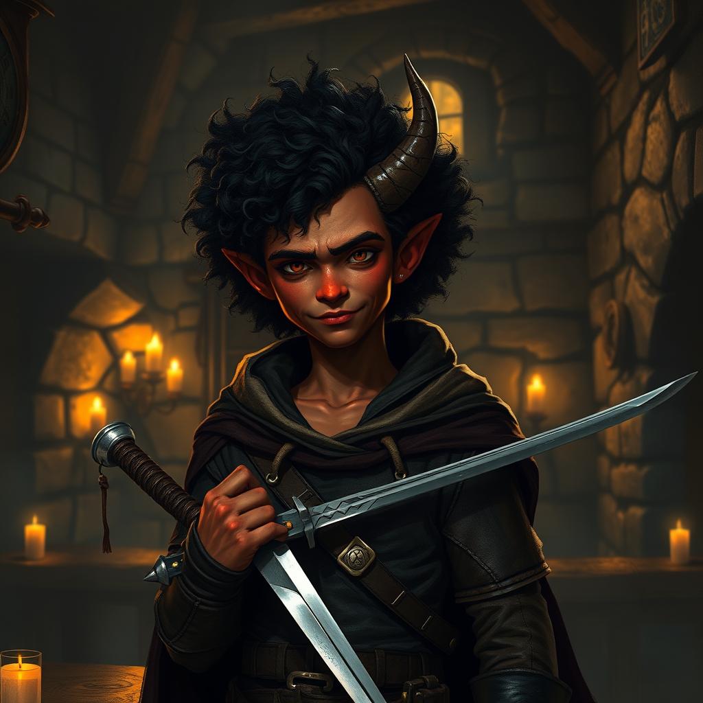 A young-looking red-skinned tiefling with one broken horn stands in a dimly lit medieval tavern