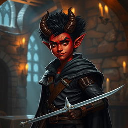 A young-looking red-skinned tiefling with one broken horn stands in a dimly lit medieval tavern