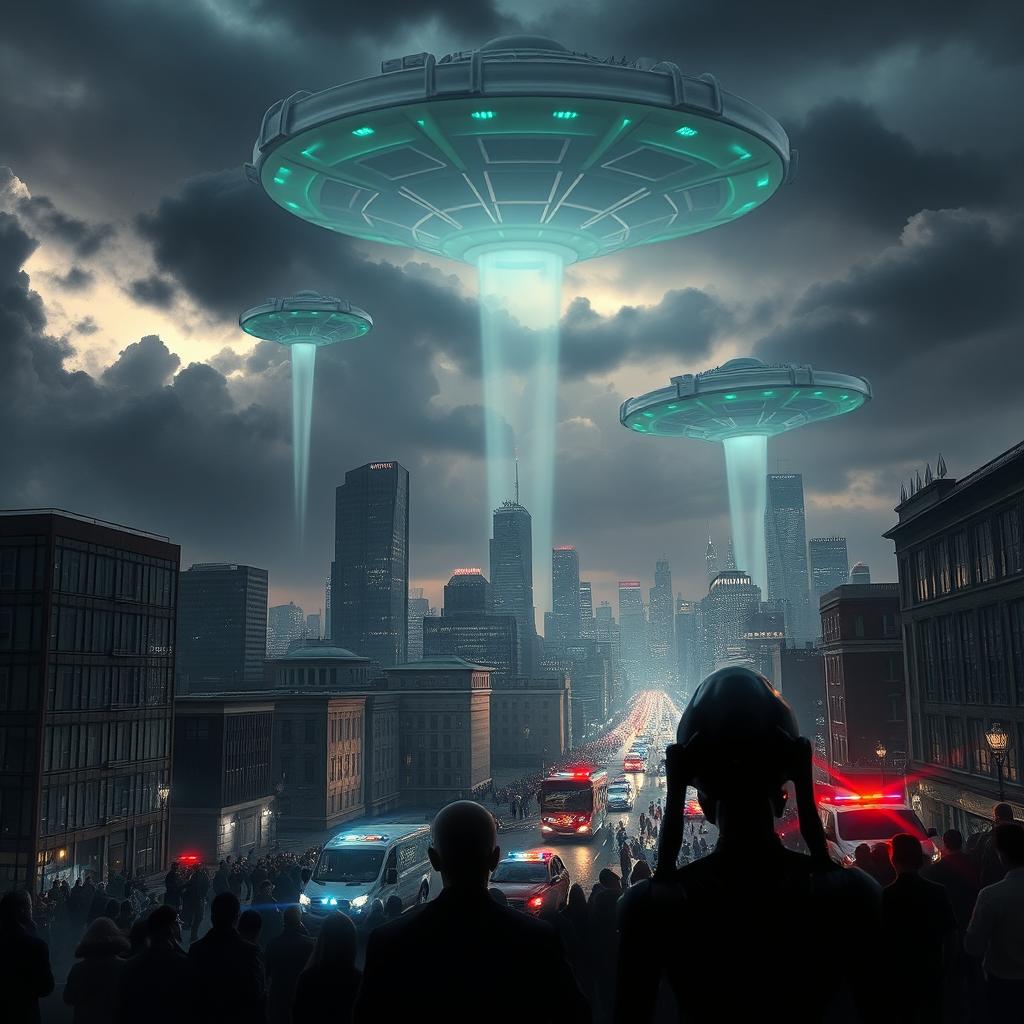 A dramatic scene of an alien invasion from the dark planet, depicting large, imposing alien spaceships hovering ominously over a modern city skyline