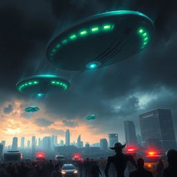 A dramatic scene of an alien invasion from the dark planet, depicting large, imposing alien spaceships hovering ominously over a modern city skyline