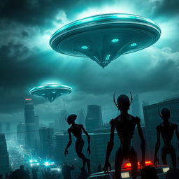 A dramatic scene of an alien invasion from the dark planet, depicting large, imposing alien spaceships hovering ominously over a modern city skyline