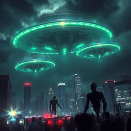 A dramatic scene of an alien invasion from the dark planet, depicting large, imposing alien spaceships hovering ominously over a modern city skyline