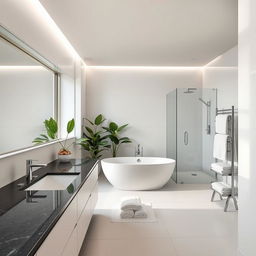 A modern, spacious bathroom with sleek, minimalist design