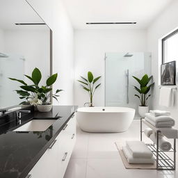 A modern, spacious bathroom with sleek, minimalist design