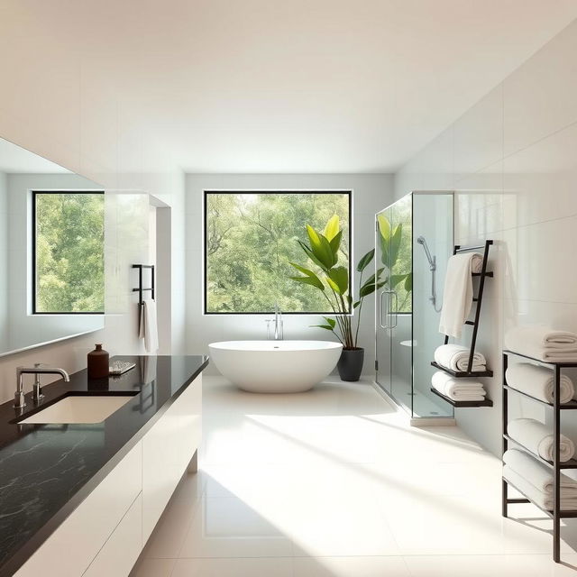 A modern, spacious bathroom with sleek, minimalist design