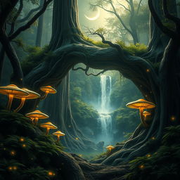 A mystical forest with enchanting glowing mushrooms forming a natural archway